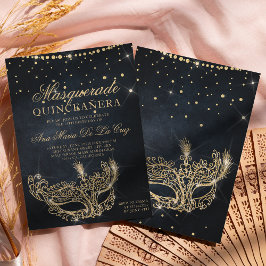Maskmask svart guld glitter quinceanera inbjudningar