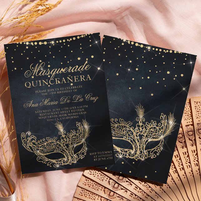 Maskmask svart guld glitter quinceanera inbjudningar (Skapare uppladdad)
