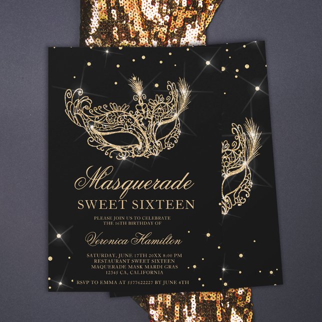 Maskmask svart guld glitter Sweet 16 Inbjudningar (Skapare uppladdad)