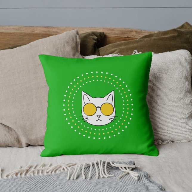 Maskotkatt Solglasögon Gula Vita Prickar På Limegr Kudde (Skapare uppladdad)