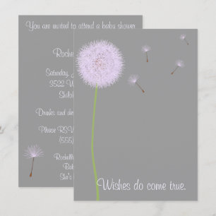 Maskrosönskemål för en baby shower i lila inbjudningar