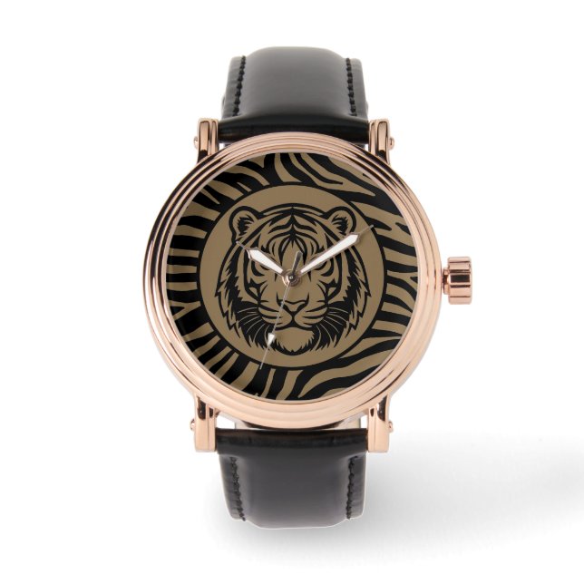 Maskulin, Svart Mocca Tiger Ansikte, Modern  Ur Armbandsur (Framsida)