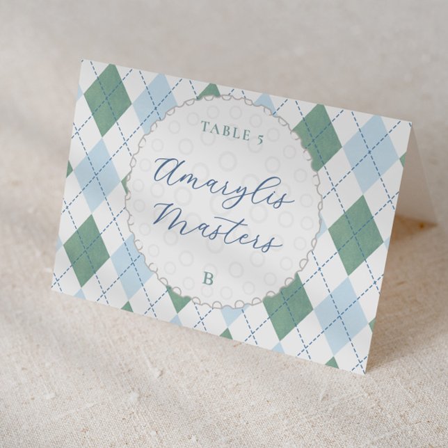 Maskulina golf-tema individuella platskort bordsnummer (Preppy blue and green argyle print golf ball baby shower or birthday personalized place cards )