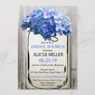 Mason Burk Barn Wood Blue Hydrangeas Möhippa Inbjudningar