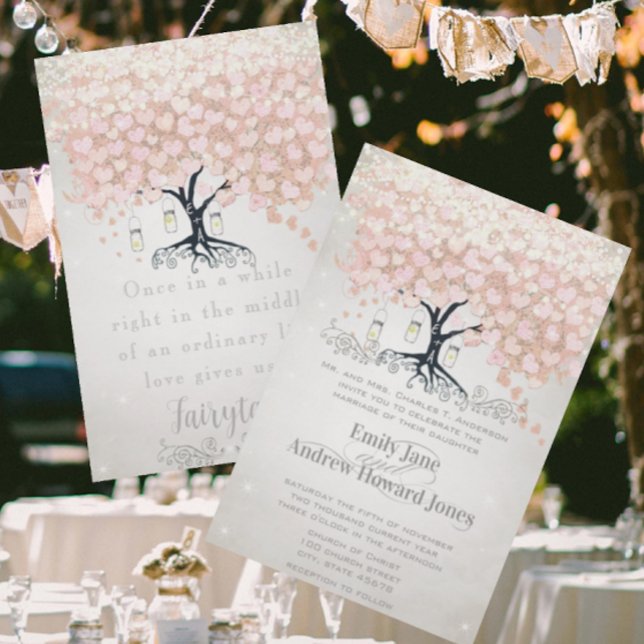 Mason Burk Blek Rosa Heart Löv Träd Bröllop Inbjudningar (Skapare uppladdad)