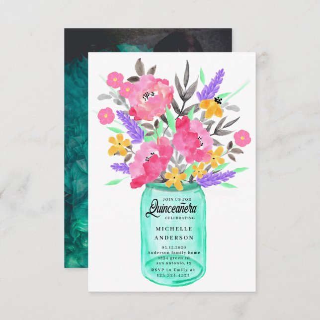 Mason Burk Blommigt Bouquet Quinceanera-fotokort Inbjudningar (Fram/baksida)