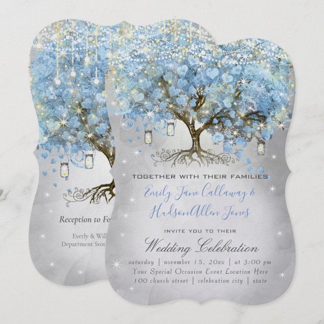 Mason Burk Blue Silver Heart Löv Träd Fairy Ljus Inbjudningar (Fram/baksida)