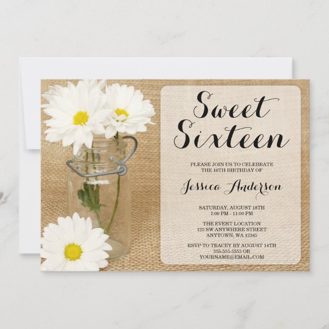 Mason Burk Burlap White Daisys Sweet 16-inbjudan Inbjudningar (Framsida)