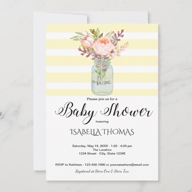 Mason Burk Flowers Gult Rand Baby Shower Inbjudningar (Framsida)