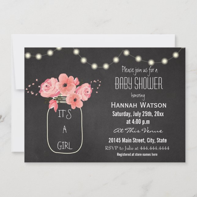 Mason Burk Flowers Ljus Chalkboard Baby Shower Inbjudningar (Framsida)