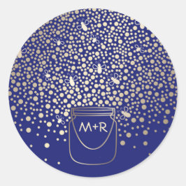 Mason Burk Guld Fireflies Rustic Navy Bröllop Runt Klistermärke