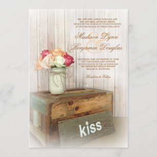 Mason Burk Kiss Wood Rustic Landsbyggsbröllop Inbj Inbjudningar