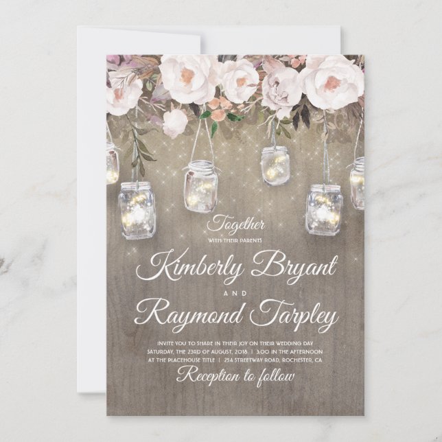 Mason Burk Ljus Blommigt Rustic Bröllop Inbjudningar (Framsida)