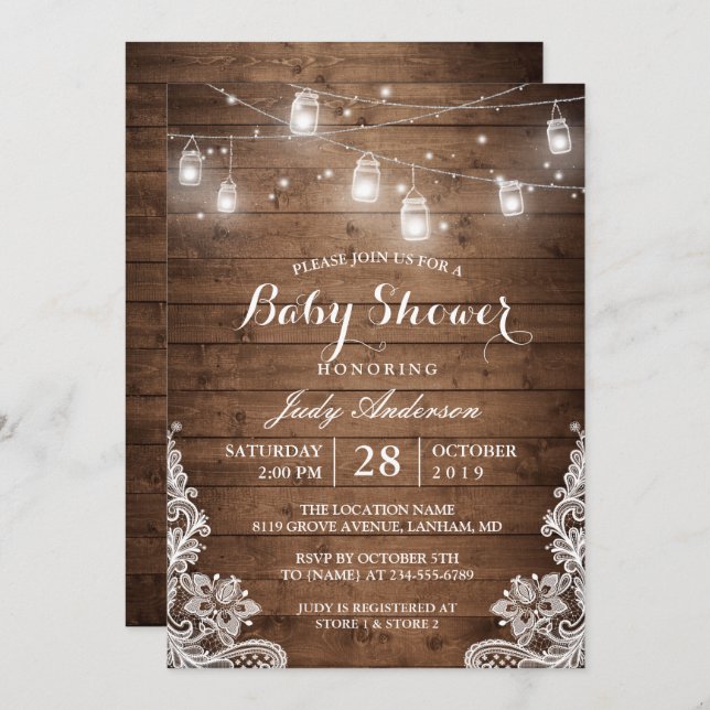 Mason Burk Ljus Rustic Wood Snöre Baby Shower Inbjudningar (Fram/baksida)