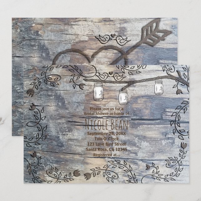 Mason Burk & Love birds Rustic Gren bjudande Inbjudningar (Fram/baksida)