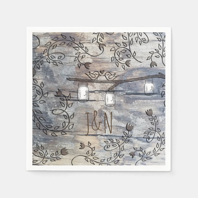 Mason Burk & Love birds Rustic Gren Bröllop Pappersservett (Framsidan)