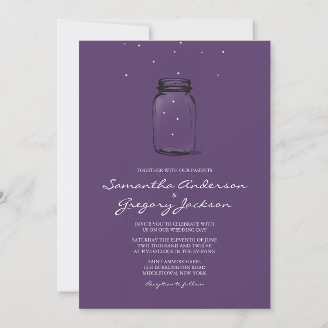 Mason Burk med Fireflies Wedding Lila Inbjudningar (Framsida)