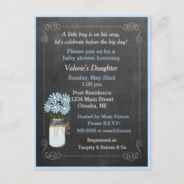 Mason Burk med Flowers Blue Baby Shower Inbjudan Vykort (Framsida)