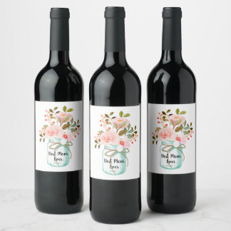 Mason Burk med Rosa Flowers Mamma Gift Idea Vinflaska Etikett