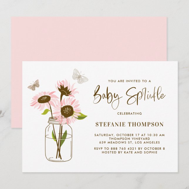 Mason Burk med Rosa Sunblommor Baby Sprinkle Inbjudningar (Fram/baksida)