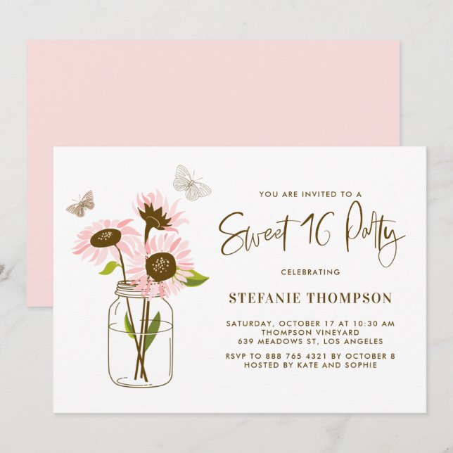 Mason Burk med Rosa Sunblommor Sweet 16 Party Inbjudningar (Fram/baksida)