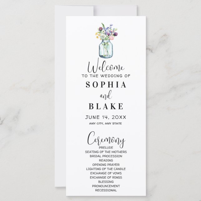 Mason Burk med Wildblommvita Bröllopsprogrammet (Framsida)