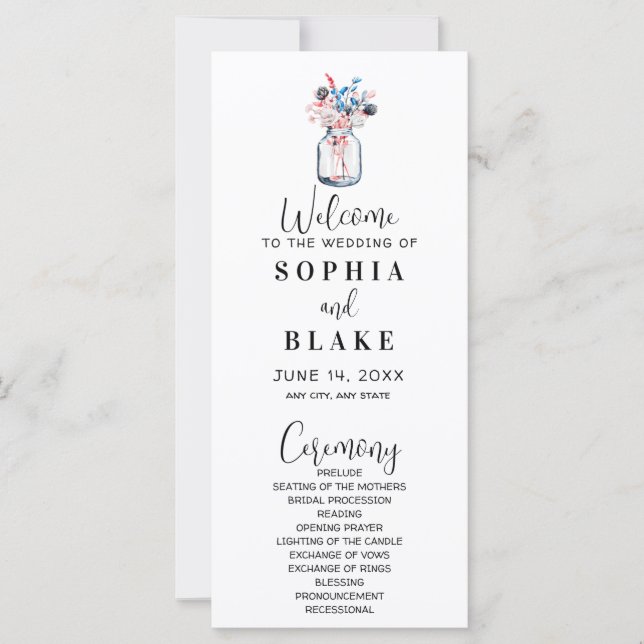 Mason Burk med Wildblommvita Bröllopsprogrammet (Framsida)