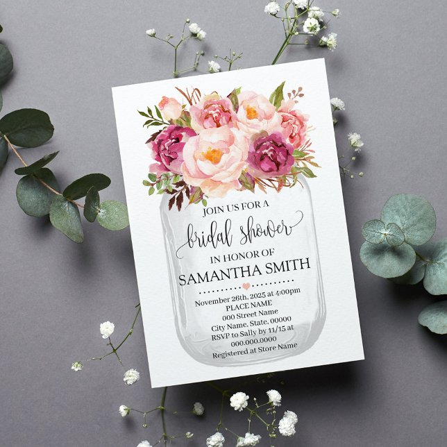 Mason burk möhippa Rosa blommigt land chic Inbjudningar (Skapare uppladdad)