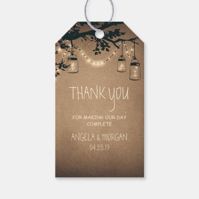 Mason Burk och Fireflies Rustic Bröllop Presentetikett (Framsidan)