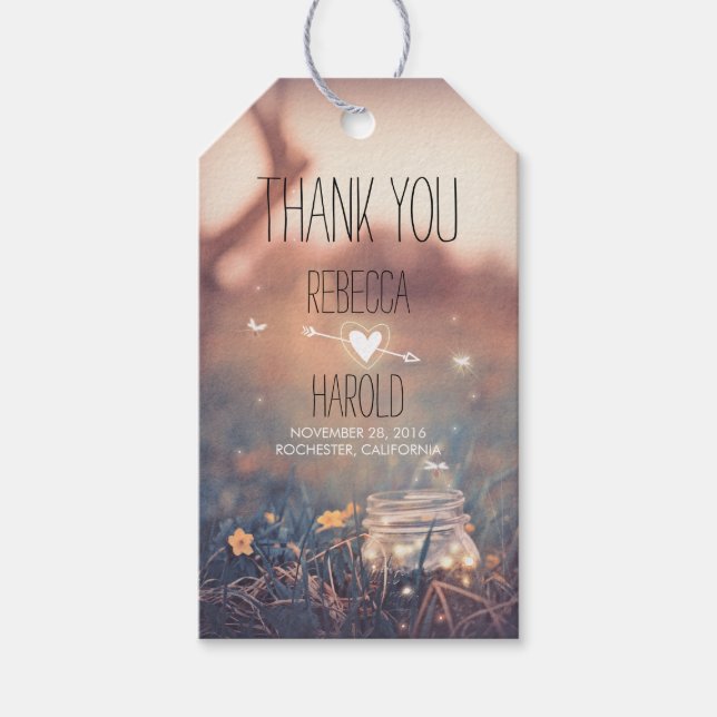 Mason Burk och Fireflies Rustic Bröllop Tack Presentetikett (Framsidan)