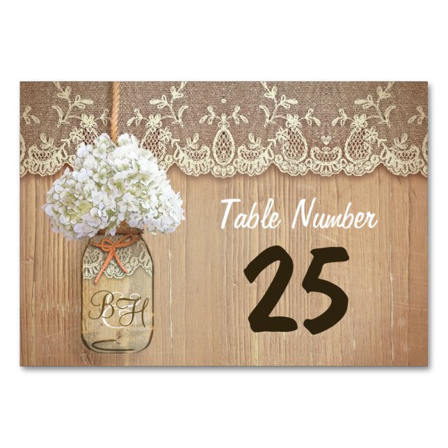 Mason burk och hydrangea rustic bordsnummer kort (Framsidan)