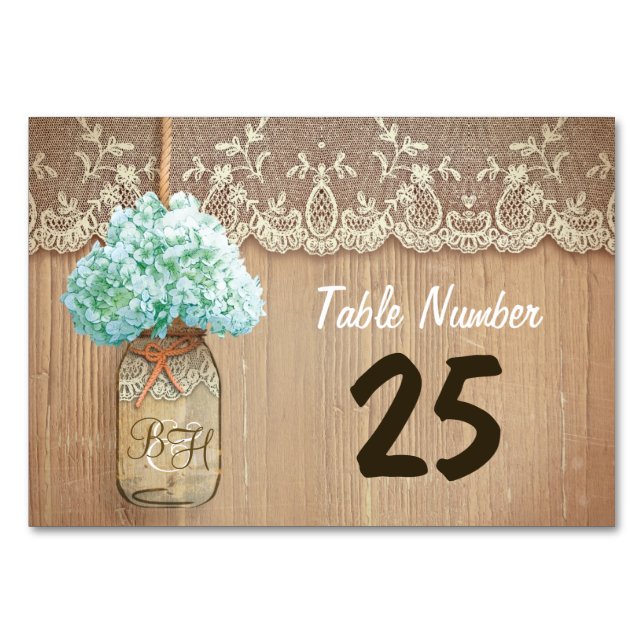 Mason burk och hydrangea rustic bordsnummer kort (Framsidan)
