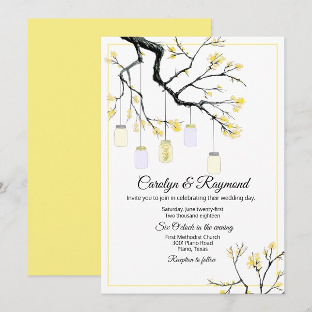 Mason Burk om inbjudan till Blommar Träd bröllopsi (Fram/baksida)