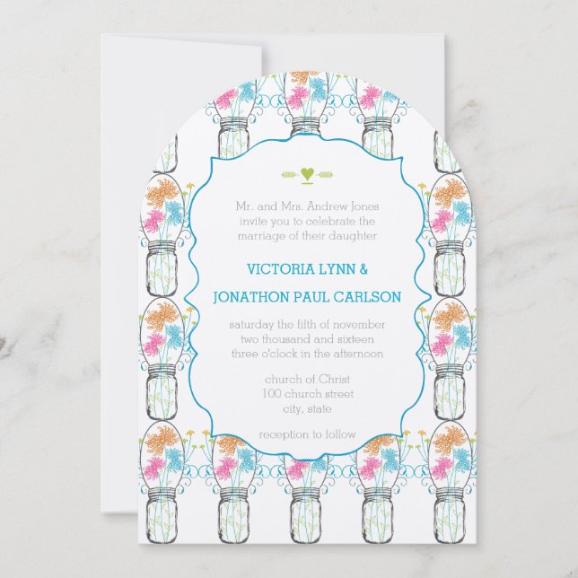 Mason Burk Rosa Coral Lime Aqua Blommigt Bröllop Inbjudningar (Framsida)