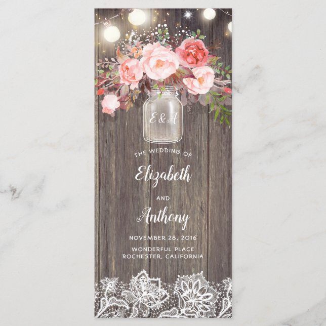 Mason Burk Rosa Flowers Rustic Bröllopsprogram Program (Framsida)