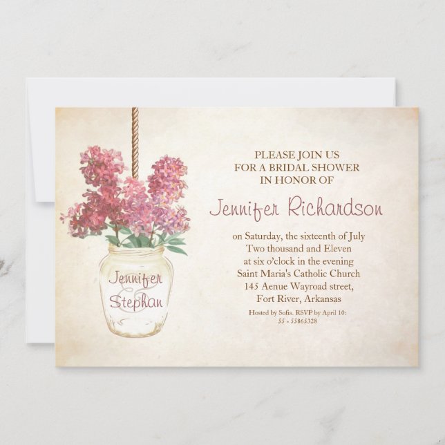 Mason burk & rosa lilacs inbjudningskort för möhip (Framsida)