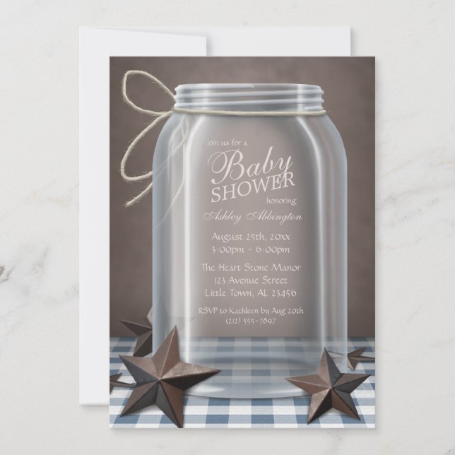 Mason Burk Rustic Stars Blue Gingham Baby Shower Inbjudningar (Framsida)