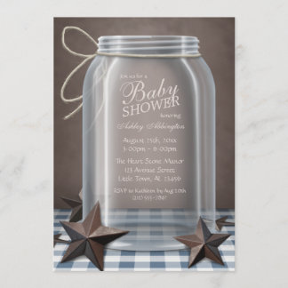 Mason Burk Rustic Stars Blue Gingham Baby Shower Inbjudningar