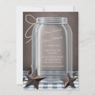 Mason Burk Rustic Stars Blue Gingham Bröllop Inbjudningar