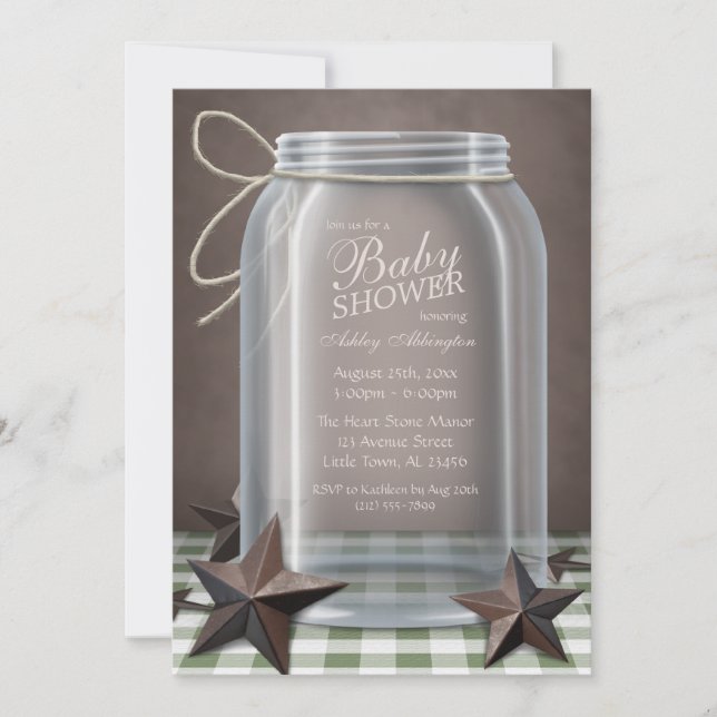 Mason Burk Rustic Stars Grönt Gingham Baby Shower Inbjudningar (Framsida)