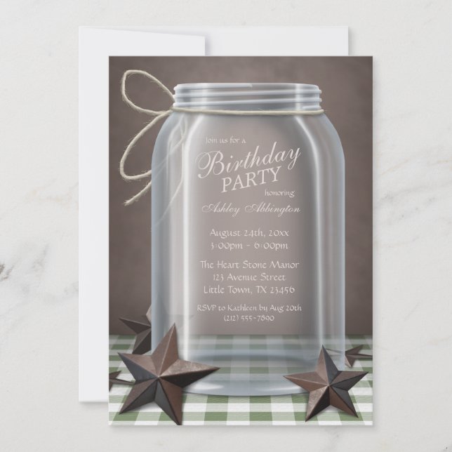Mason Burk Rustic Stars Grönt Gingham Birthday Inbjudningar (Framsida)