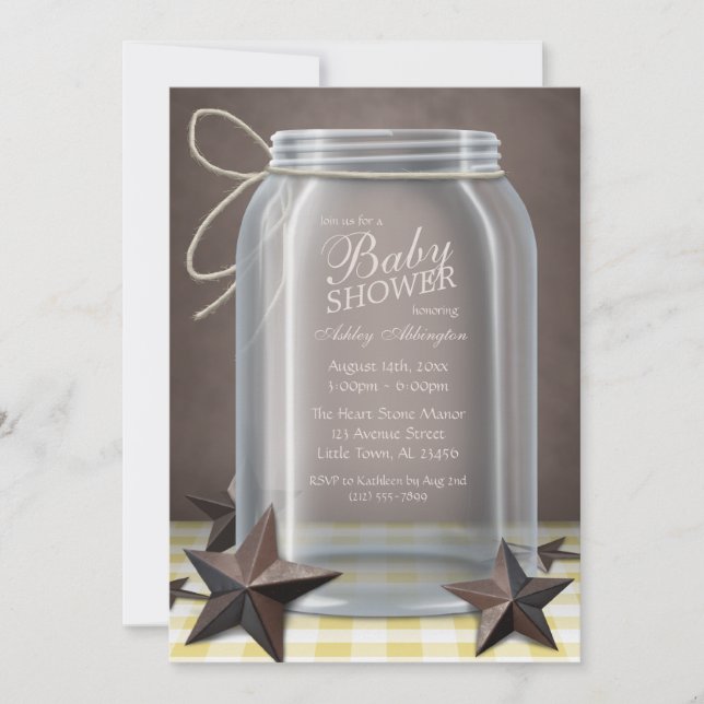 Mason Burk Rustic Stars Gult Gingham Baby Shower Inbjudningar (Framsida)
