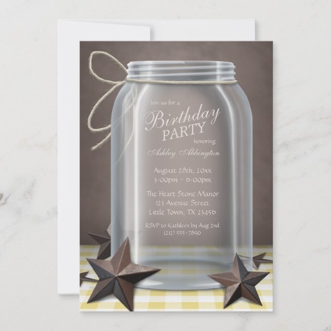 Mason Burk Rustic Stars Gult Gingham Birthday Inbjudningar (Framsida)