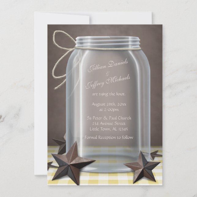 Mason Burk Rustic Stars Gult Gingham Bröllop Inbjudningar (Framsida)