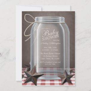 Mason Burk Rustic Stars Red Gingham Baby Shower Inbjudningar