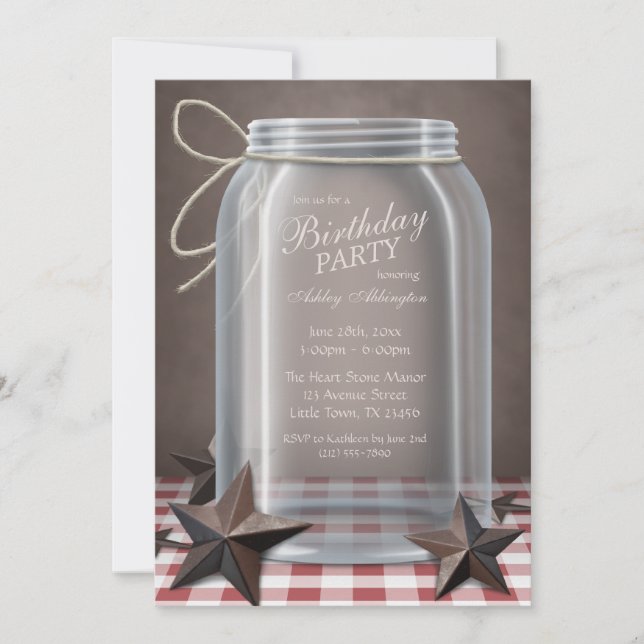 Mason Burk Rustic Stars Red Gingham Birthday Inbjudningar (Framsida)