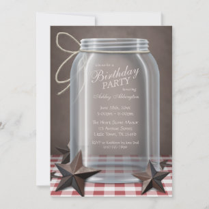 Mason Burk Rustic Stars Red Gingham Birthday Inbjudningar
