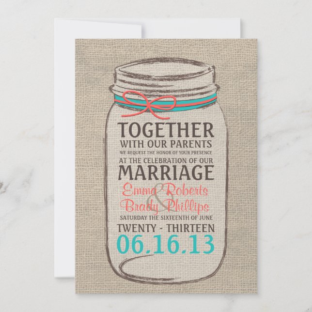 Mason Burk Rustic Wedding bjudande - Coral Teal Inbjudningar (Framsida)