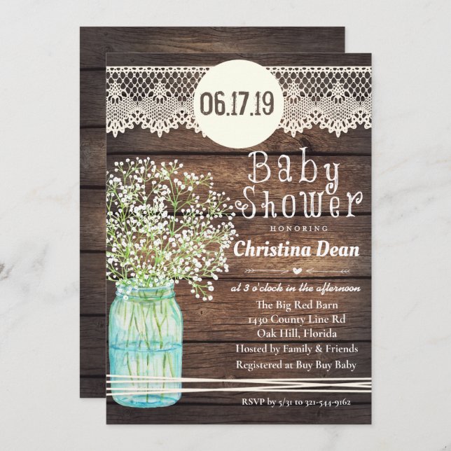 Mason Burk Rustic Wood Baby Shower-inbjudan Inbjudningar (Fram/baksida)