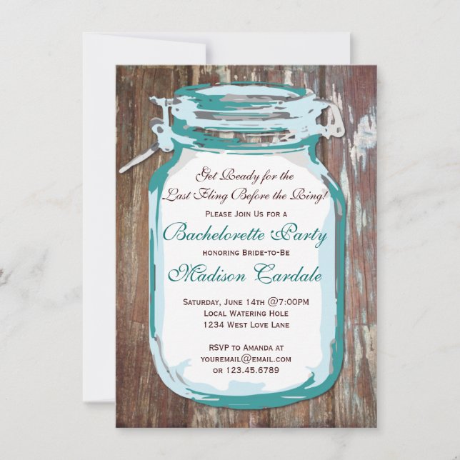 Mason Burk Rustic Wood Bachelorette Party-Inbjudni Inbjudningar (Framsida)